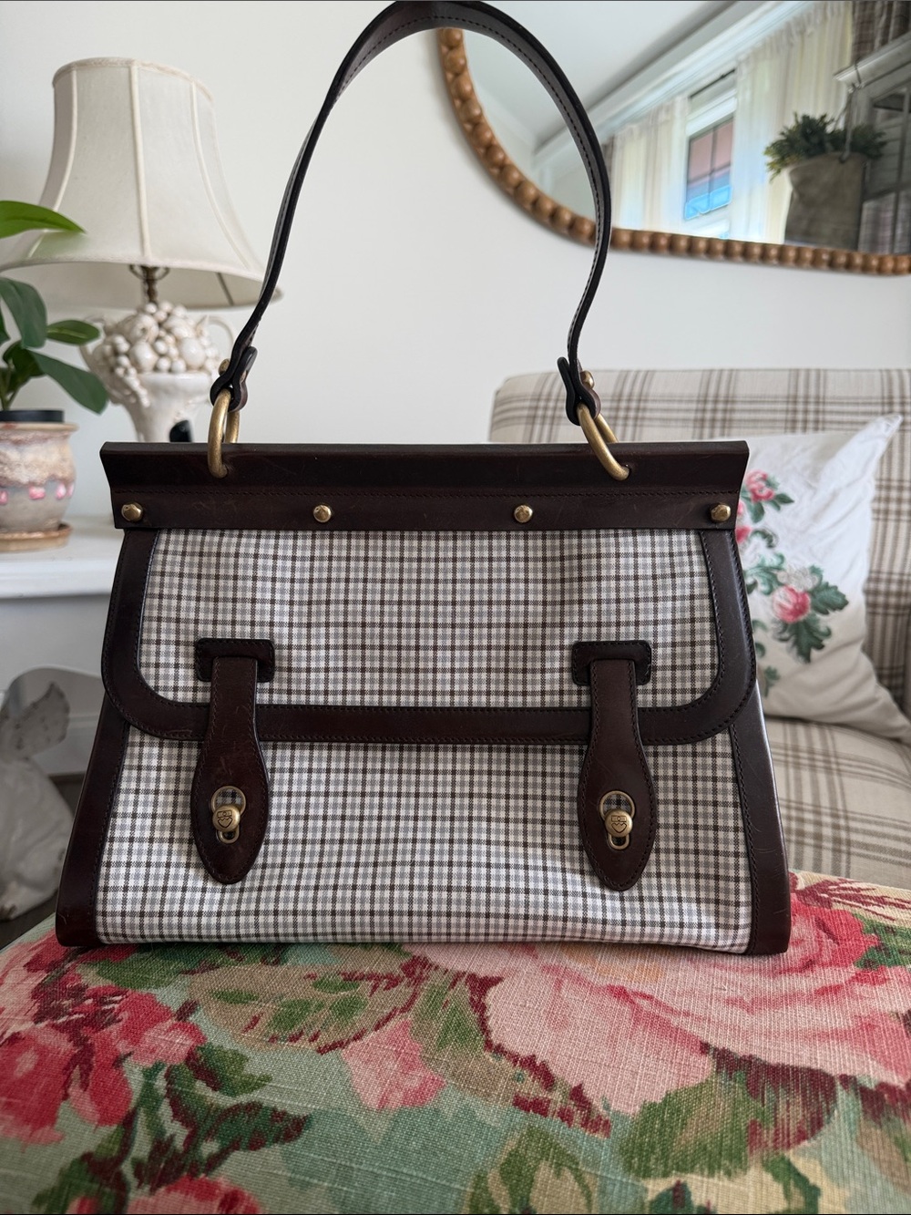 Bally Brown Leather Trim Plaid Satchel